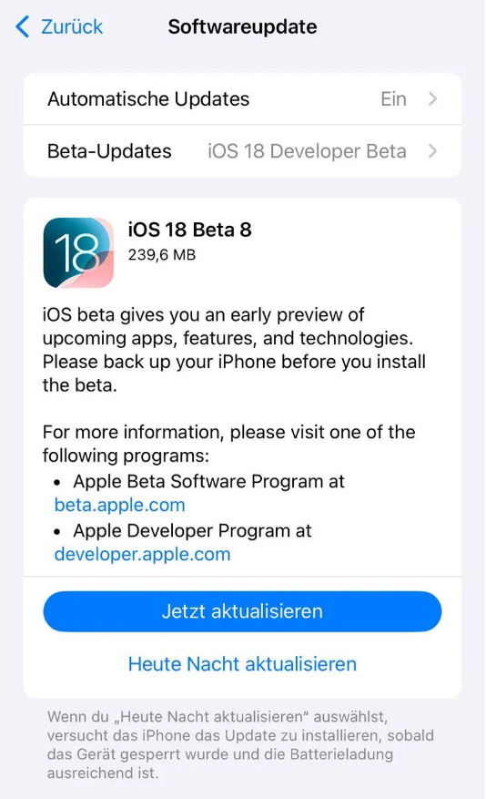 新泰苹果手机维修分享苹果 iOS / iPadOS 18 开发者预览版 Beta 8 发布 